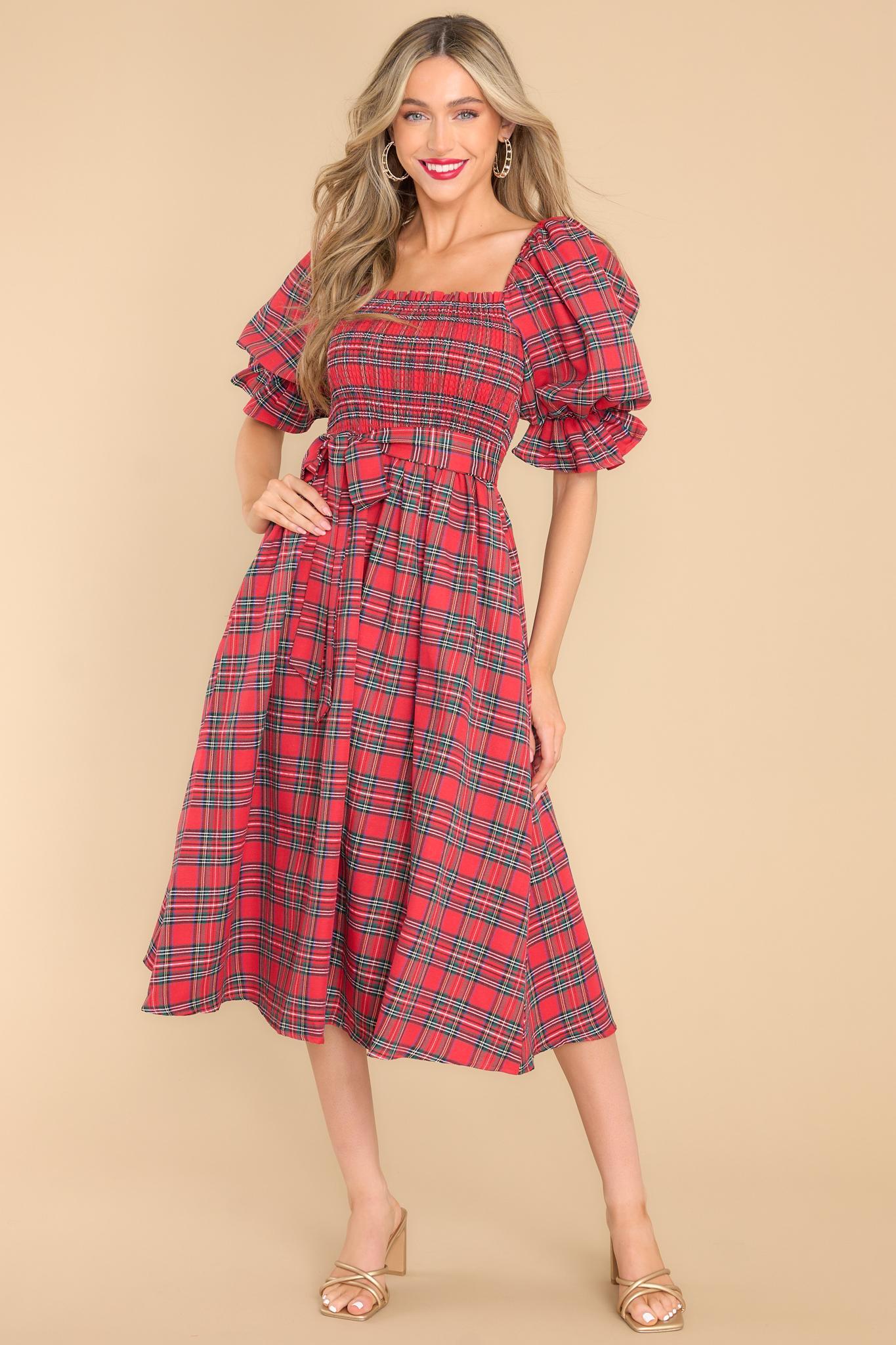 Aura Wishful Wonderland Red Plaid Midi Dress Product Image