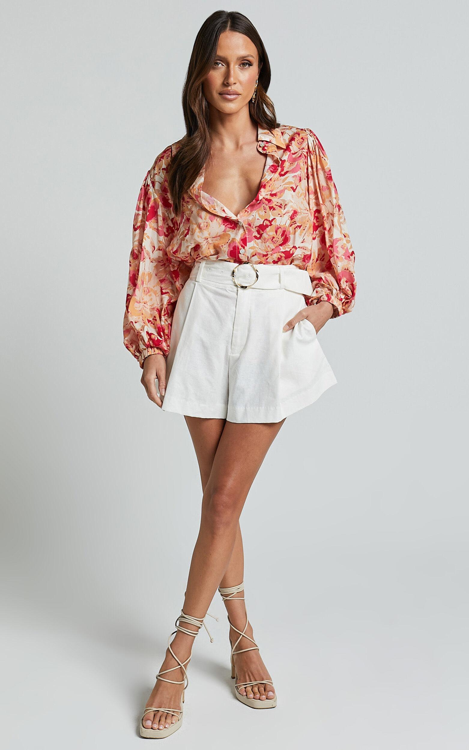 Amalie The Label - Kimmella Linen Blend Puff Sleeve Shirt in Sienna Print Product Image