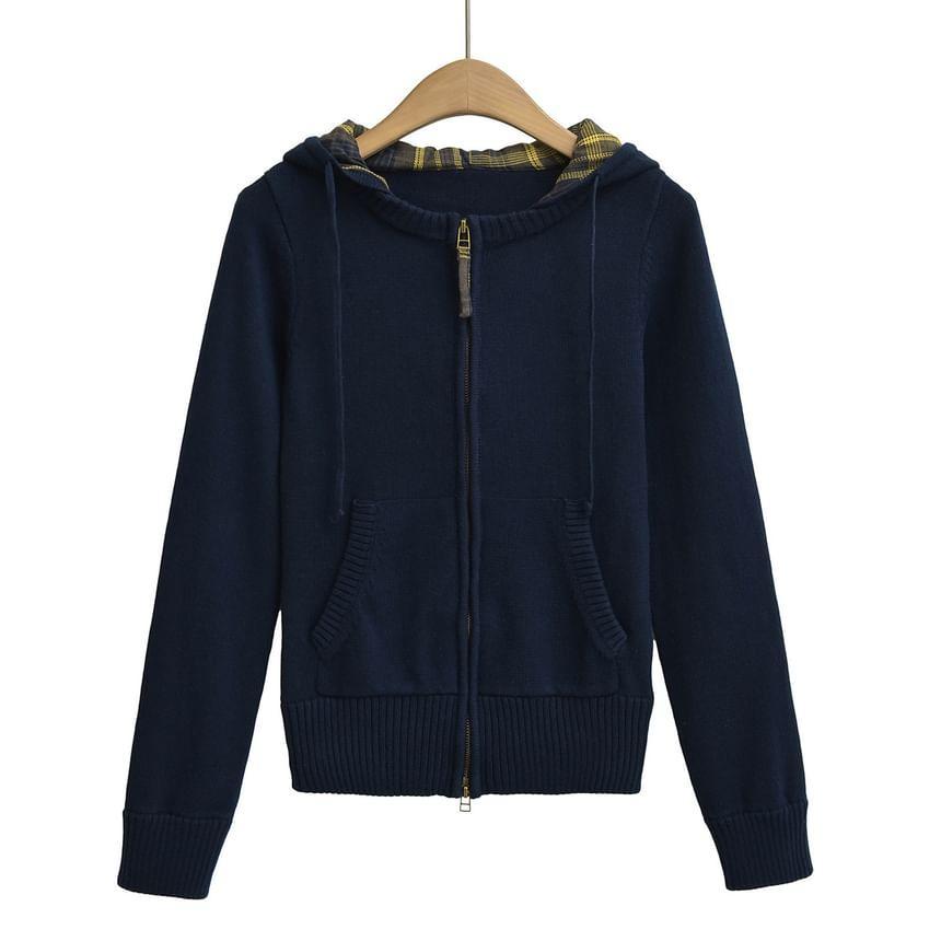 Long Sleeve Plaid Panel Knitted Zip-Up Hooded Jacket Product Image