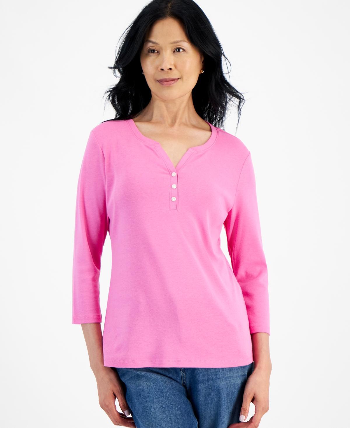 Style & Co Womens Cotton 3/4-Sleeve Henley Tee, Created for Macys Product Image