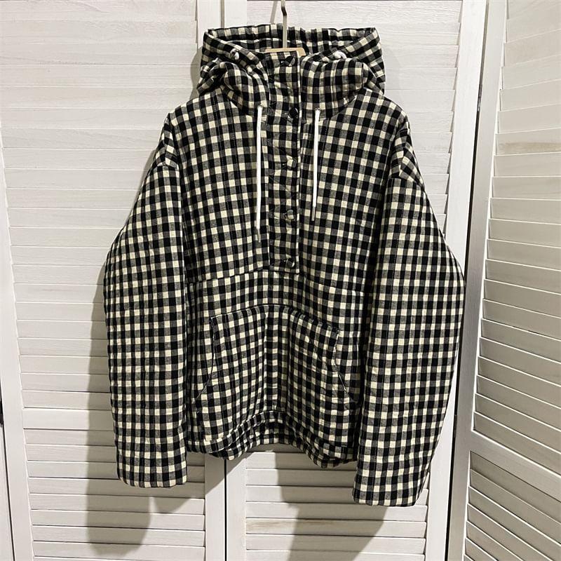 Drawstring Hooded Plaid Puffer Jacket Product Image