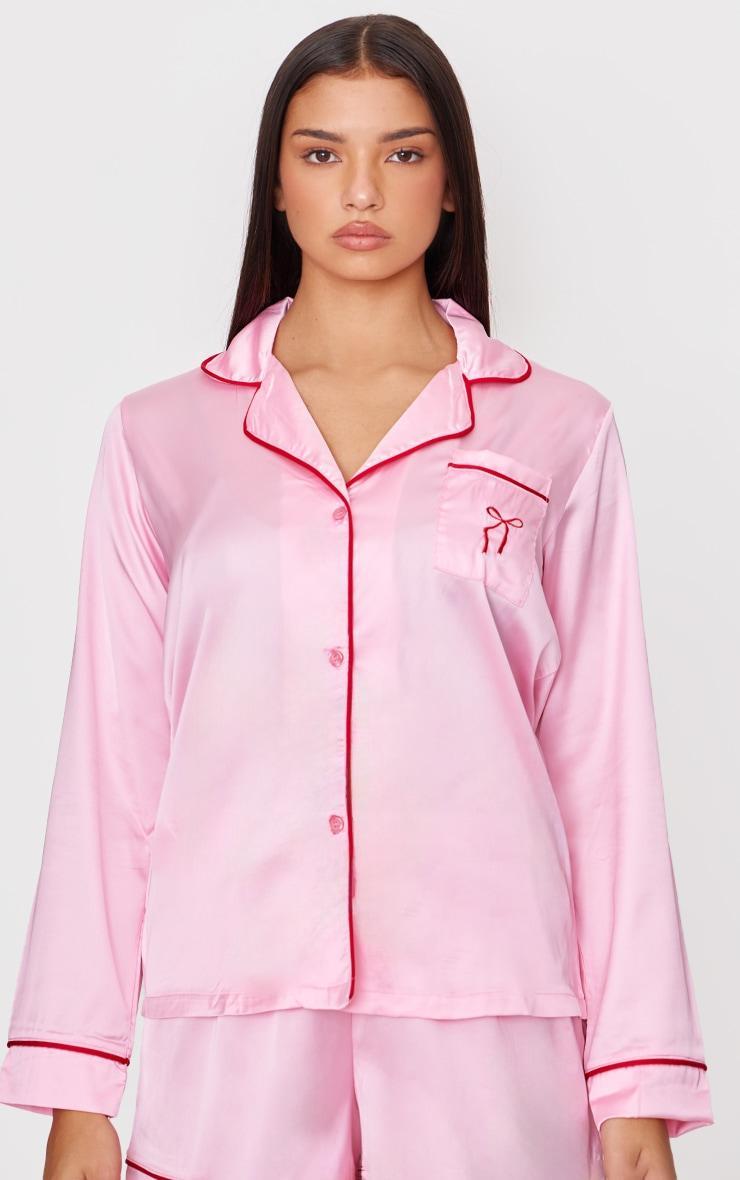 Pink Satin Embroidered Bow Short Pj Set Product Image