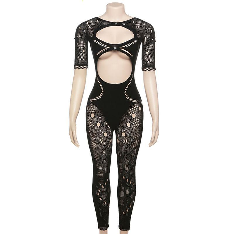 Short-Sleeve Cutout Lace Jumpsuit Product Image