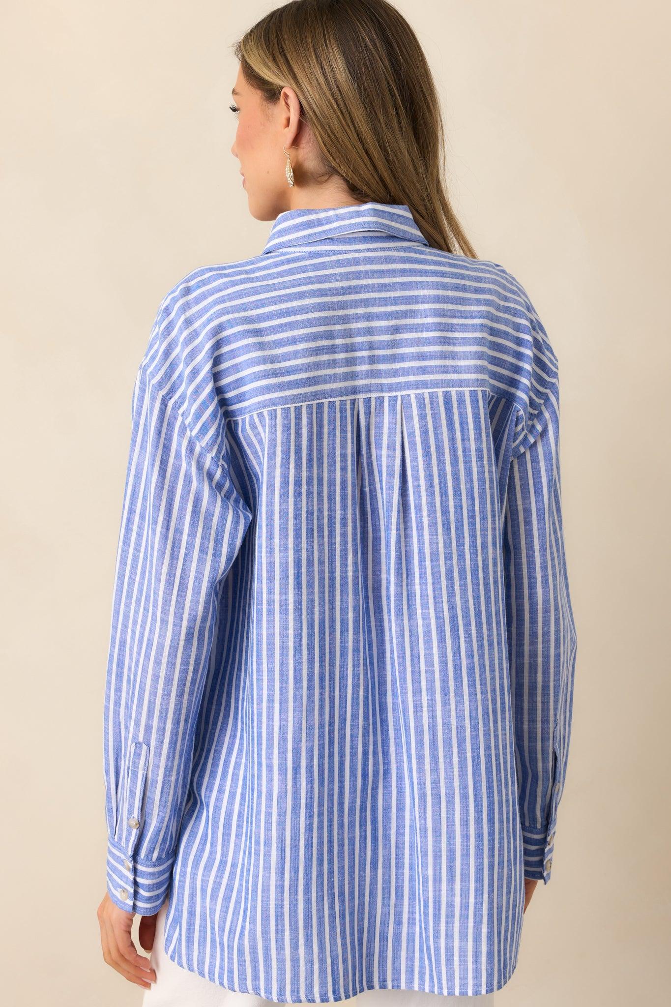 Coastline Cruise Blue Stripe Chambray Button Front Top Product Image