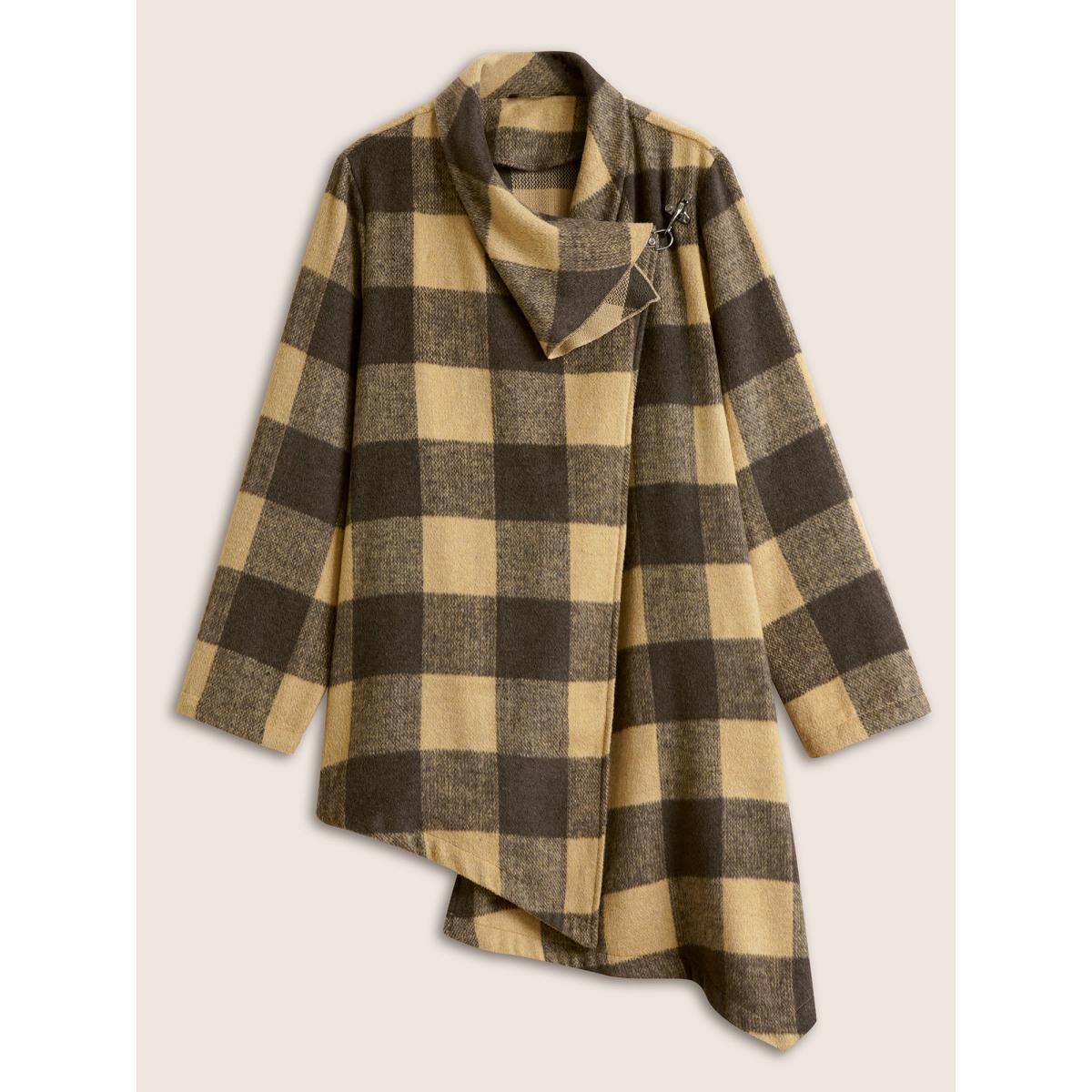 Plus Size Plaid Buckle Detail Asymmetrical Hem Coat Women DarkBrown Casual Contrast Ladies Dailywear Winter Coats BloomChic 10/M Product Image
