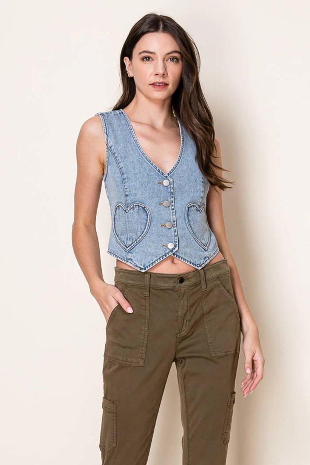 Washed Denim Fitted Vest with Heart Pockets Product Image