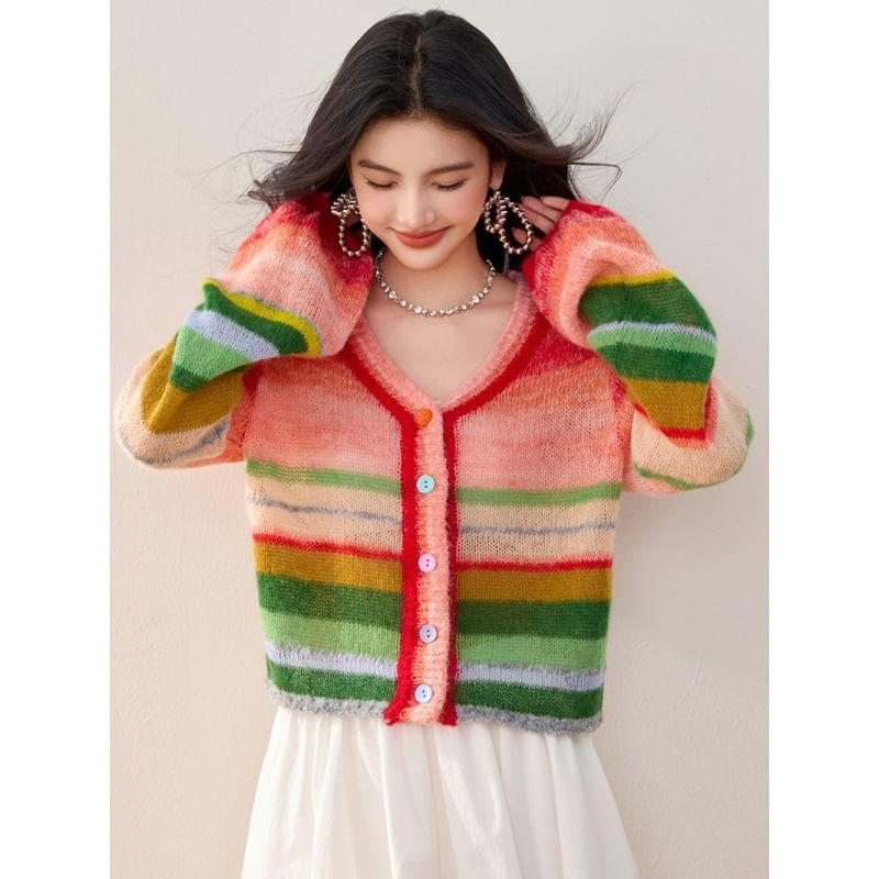 V-Neck Color Block Button-Up Cardigan Product Image