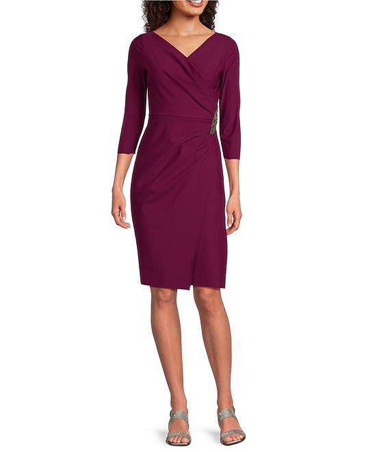 Alex Evenings Stretch Jersey Surplice V-Neck 3/4 Sleeve Embellished Waist Detail Sheath Dress Product Image