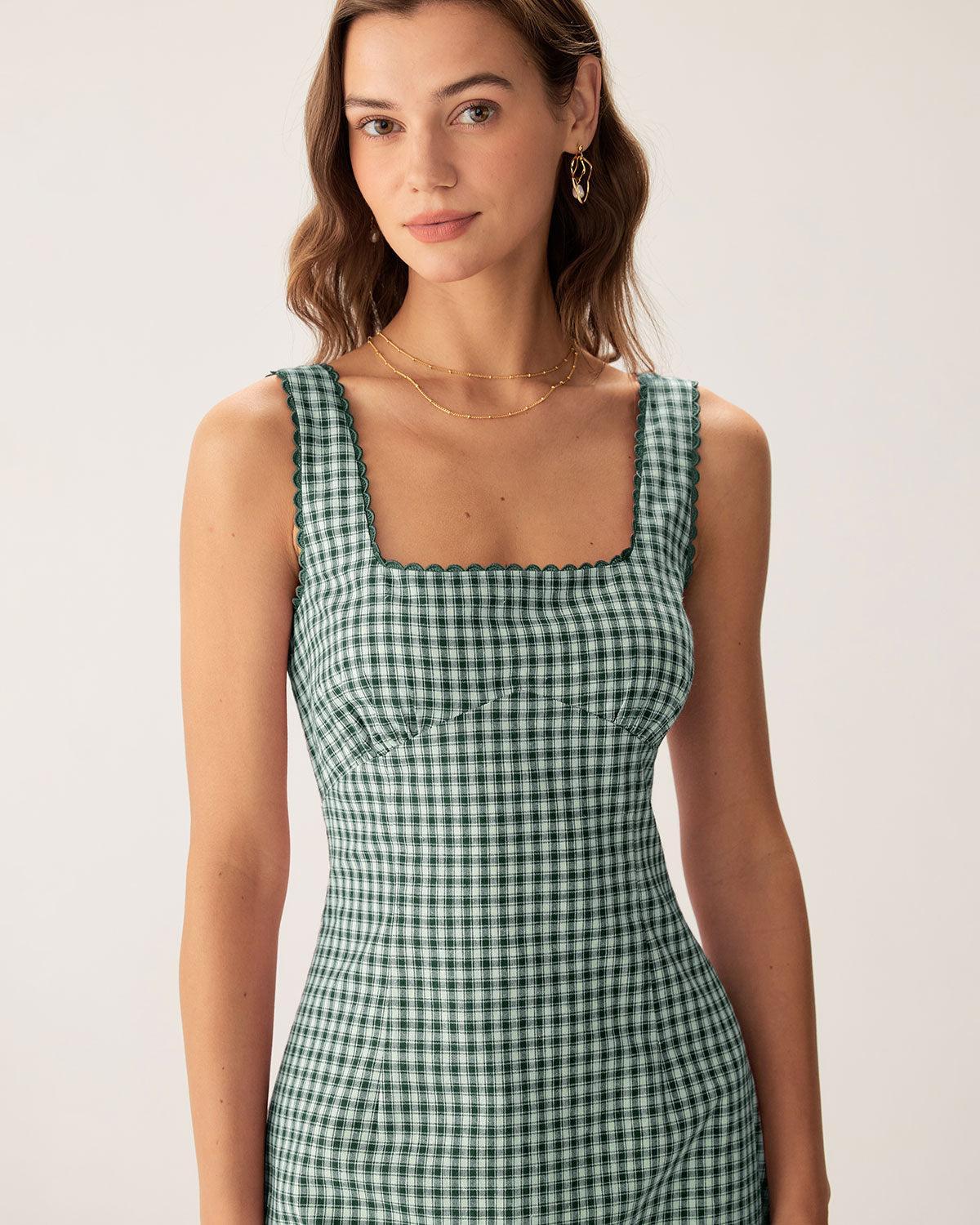 Green Plaid Square Neck Slip Mini Dress Product Image