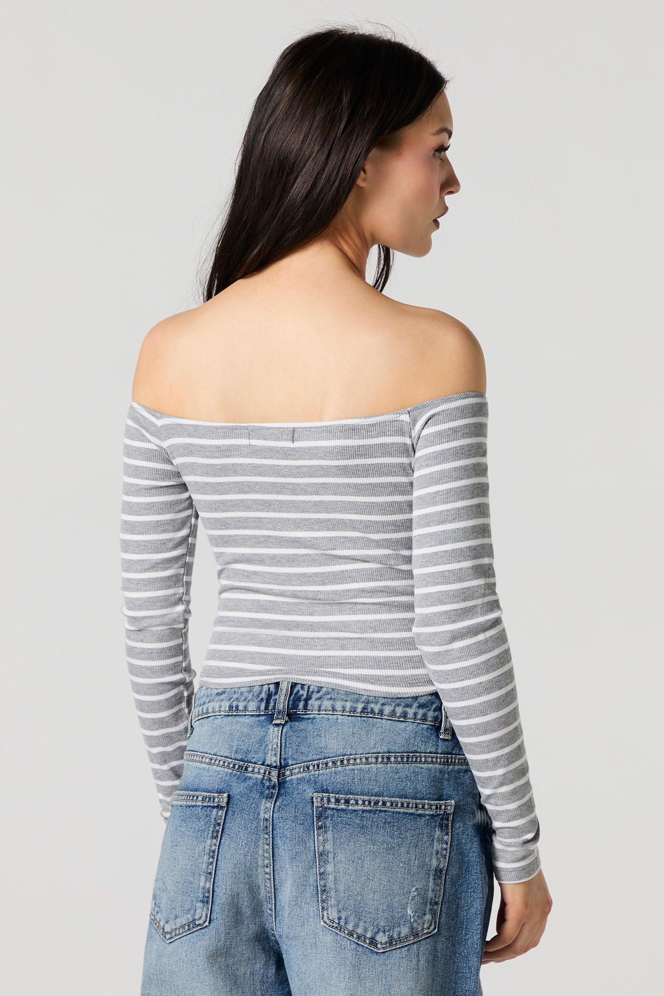 Striped Ribbed Off Shoulder Long Sleeve Top Female Product Image