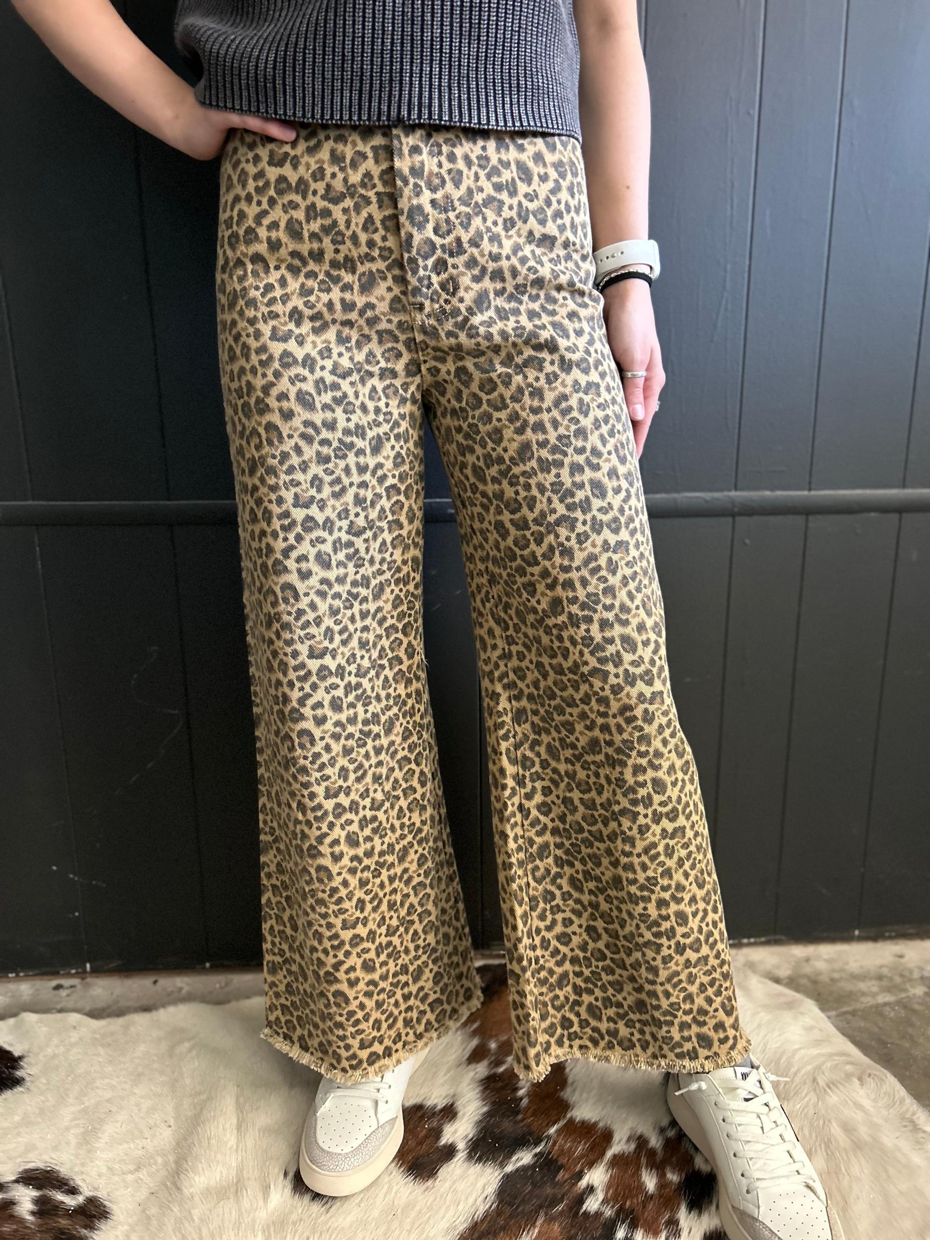 High Rise Leopard Twill Frayed Hem Wide Leg Pants* Product Image