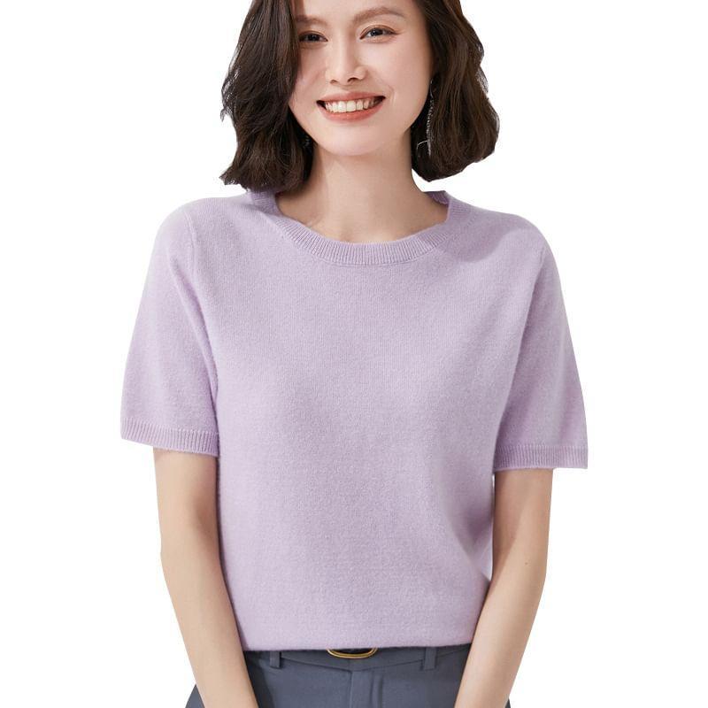 Short-Sleeve Crew Neck Plain Knit Top Product Image