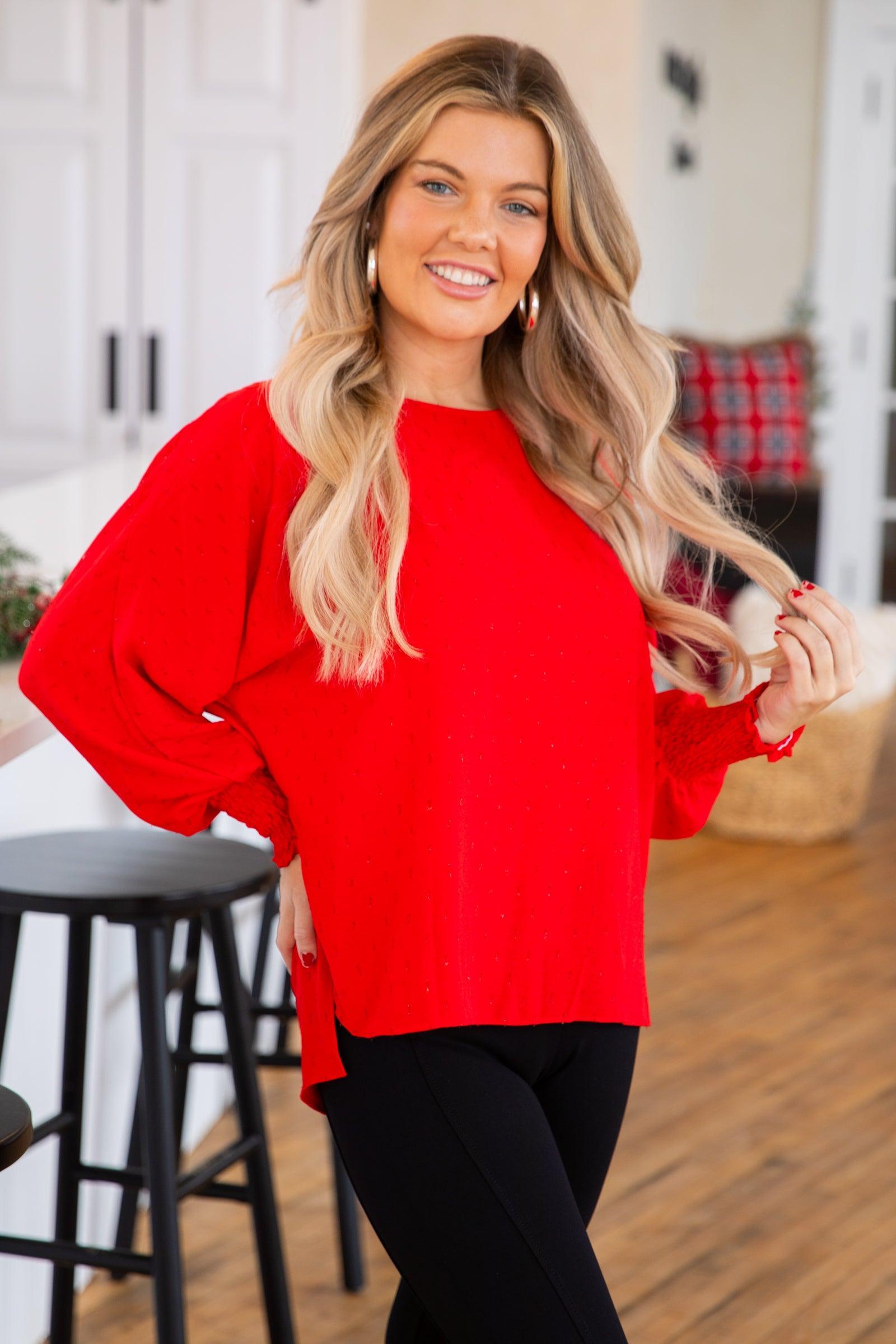 Red Smocked Cuff Top With Lurex Product Image