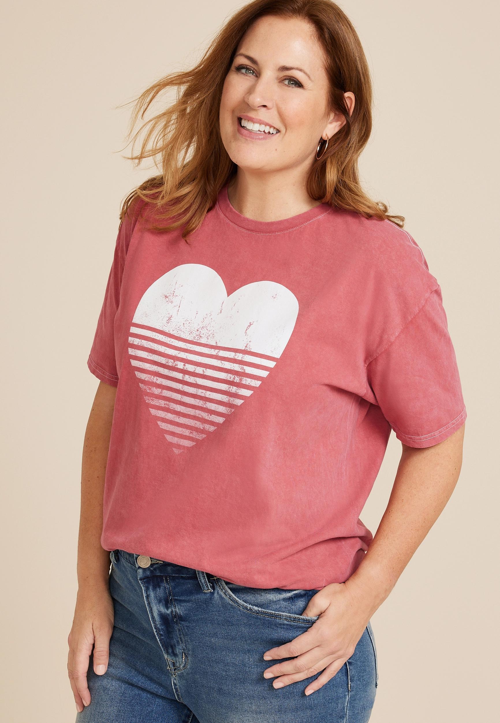 Maurices 2X Plus Size Womens Striped Heart Relaxed Fit Graphic Tee Red Product Image