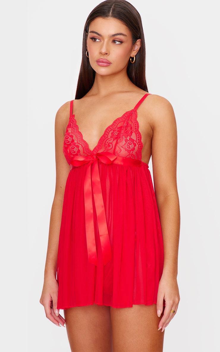 Red Lace Bow Detail Babydoll Product Image