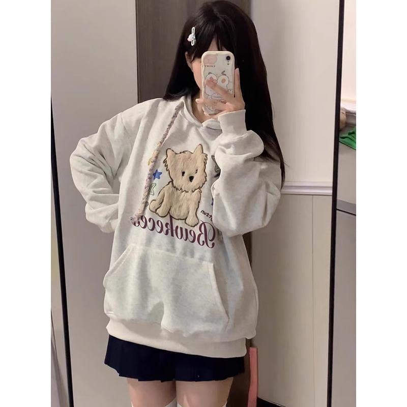 Long-Sleeve Crew Neck Dog Embroidered Hoodie Product Image