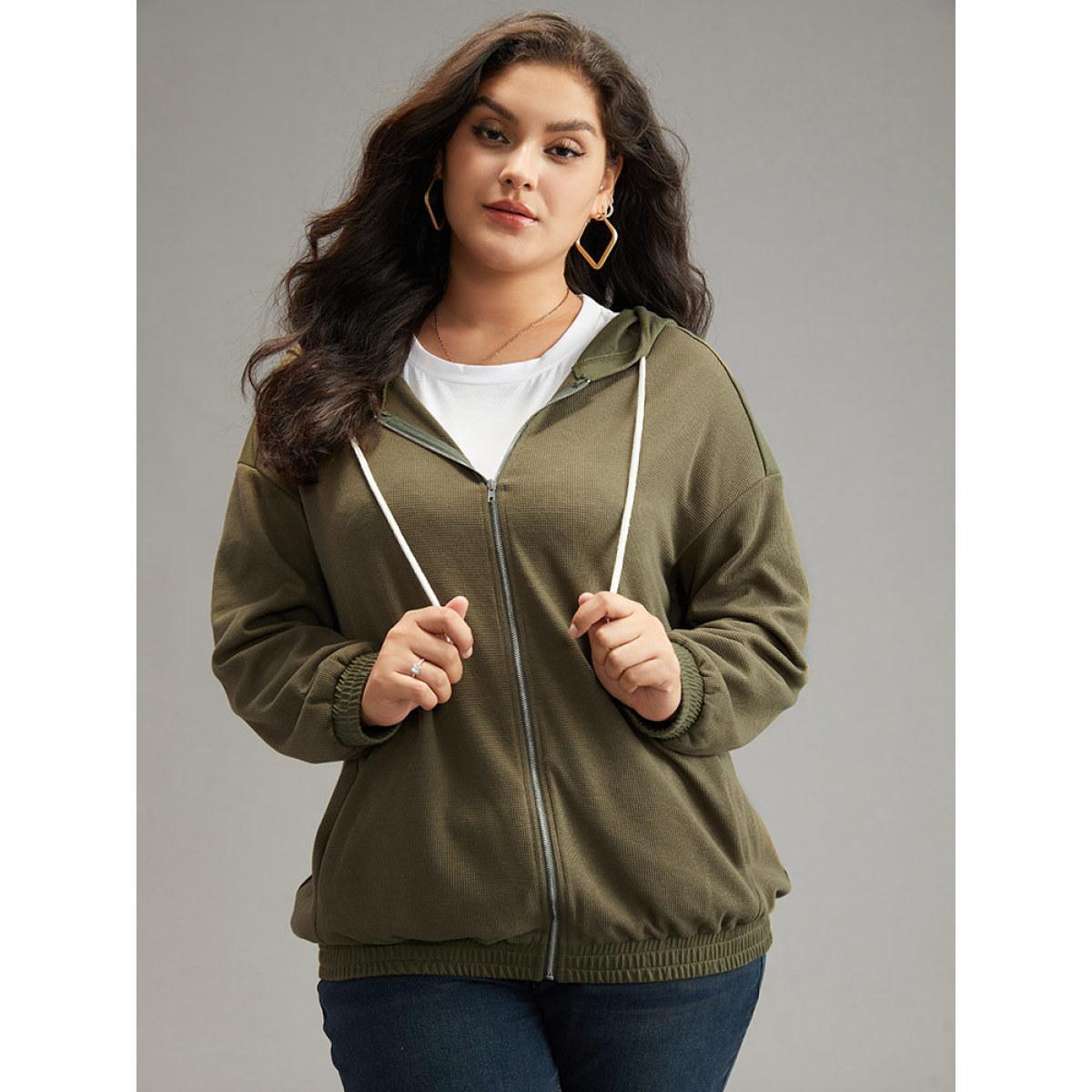 Plus Size Waffle Knit Hooded Drawstring Sweatshirt Women ArmyGreen Casual Plain Loose Hooded Dailywear Sweatshirts BloomChic 26/4X Product Image