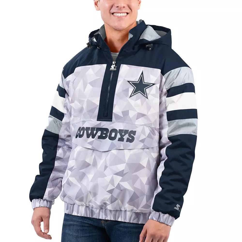 Men's Starter White/Navy Dallas Cowboys Thursday Night Gridiron Raglan Half-Zip Hooded Jacket, Size: Medium, Grey Product Image