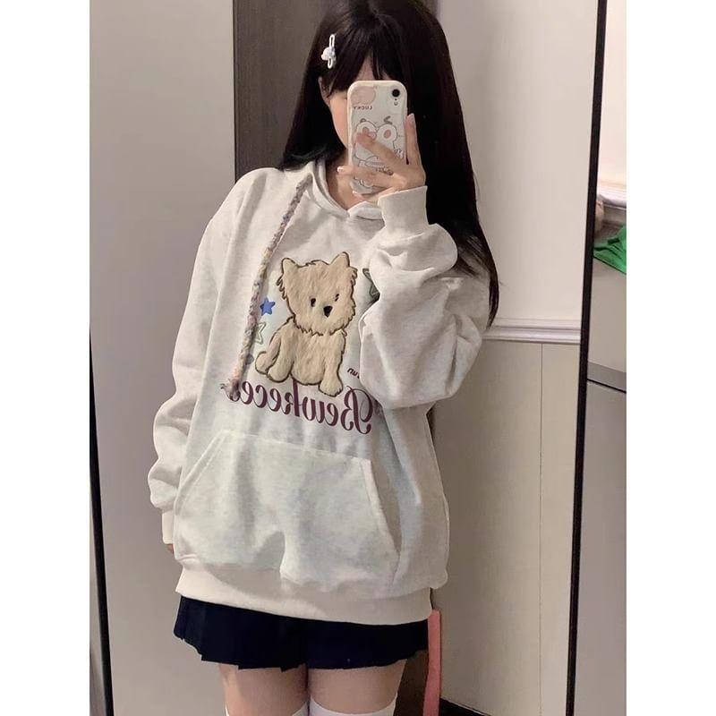 Long-Sleeve Crew Neck Dog Embroidered Hoodie Product Image