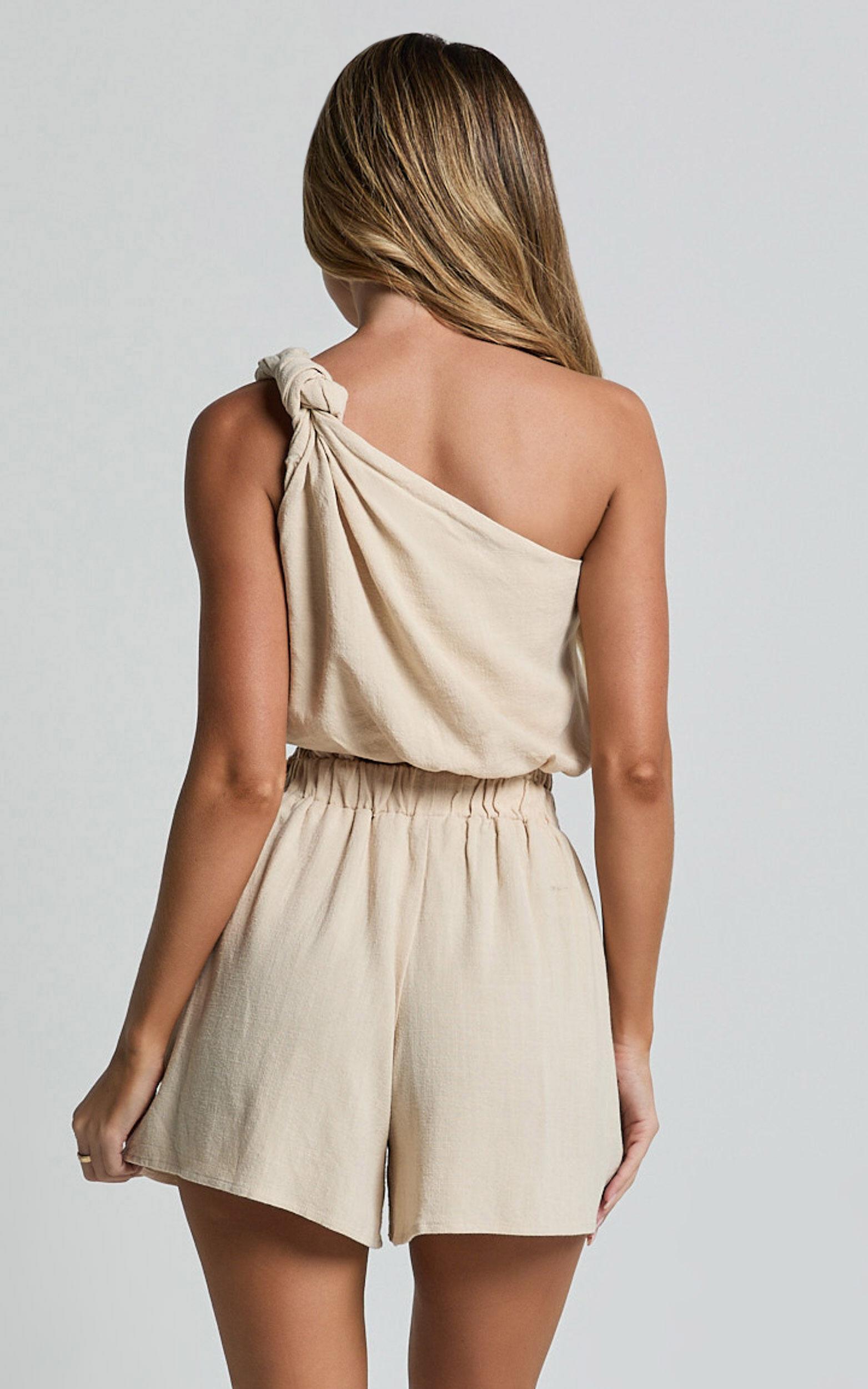 Raylene Two Piece Set - Linen Knotted One Shoulder Top and Paper Bag Waist Shorts in Natural Product Image