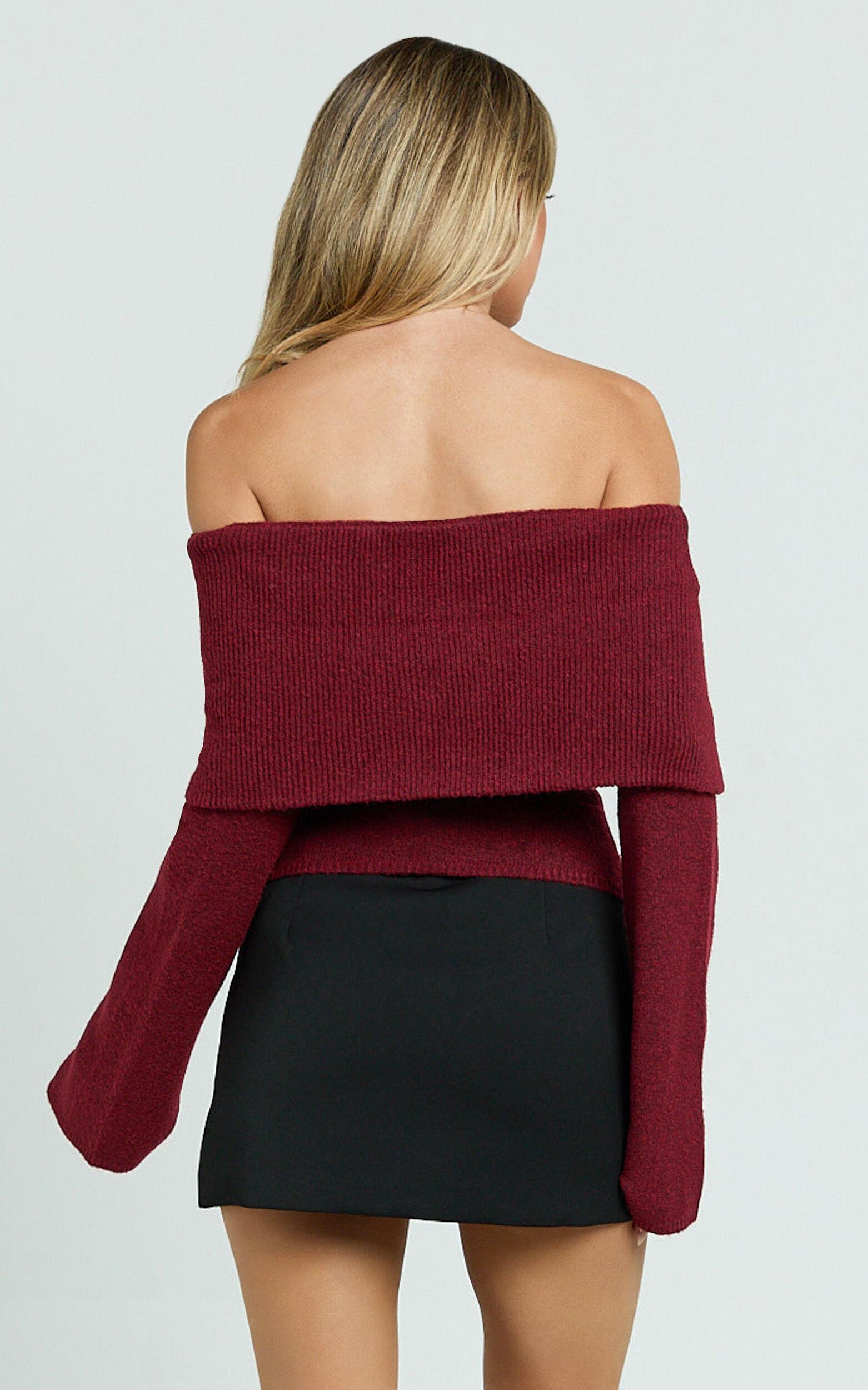 Darcie Top - Off Shoulder Long Sleeve Knitted Top in Wine Product Image
