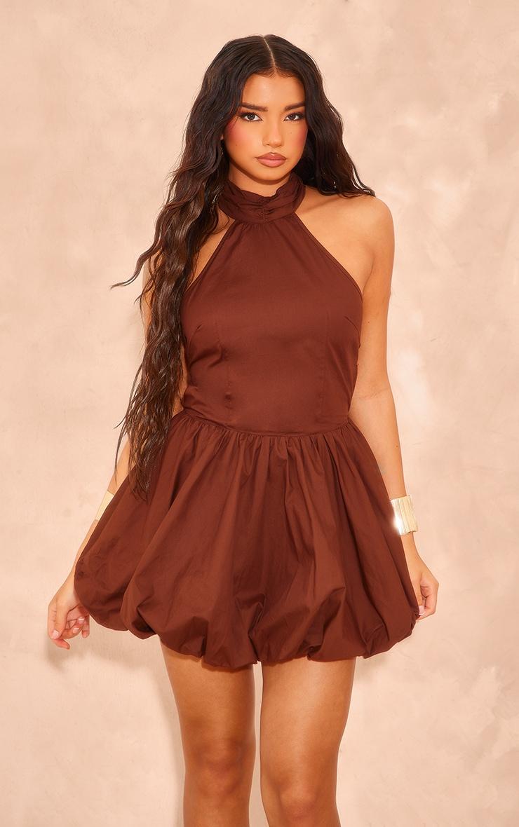 Chocolate Woven High Neck Tie Back Puff Ball Dress Product Image