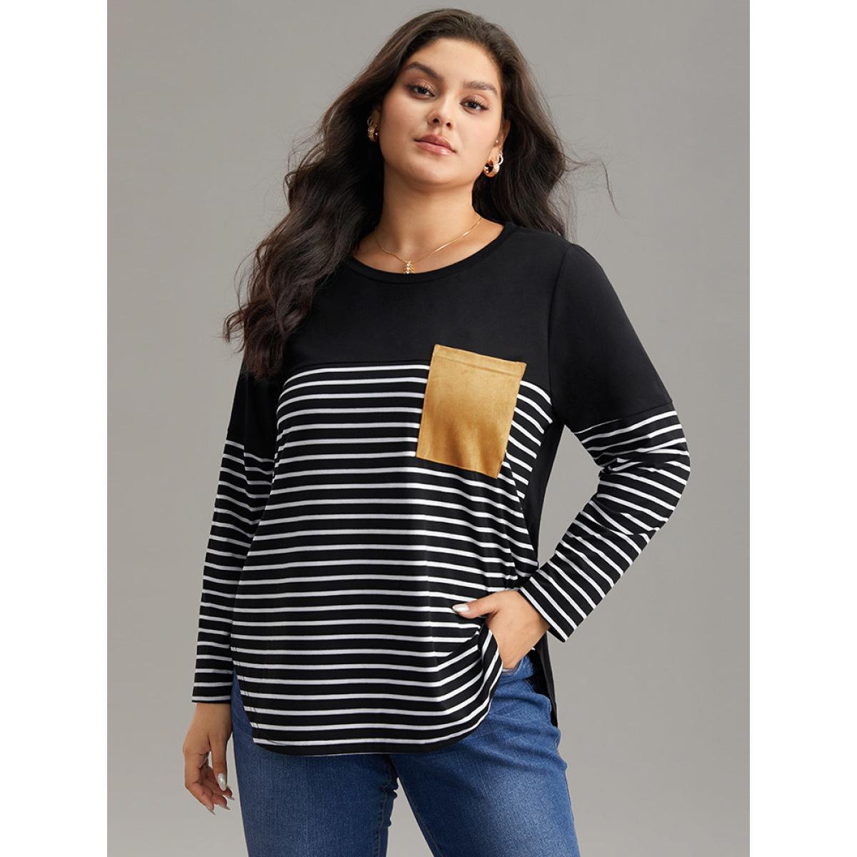 Plus Size Striped Contrast Patched Pocket Arc Hem T-shirt Black Women Casual Contrast Striped Round Neck Dailywear T-shirts BloomChic 22-24/3X Product Image