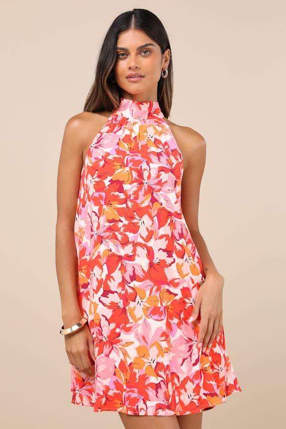 Tied Back To You Red and Pink Floral Print Mini Shift Dress Product Image