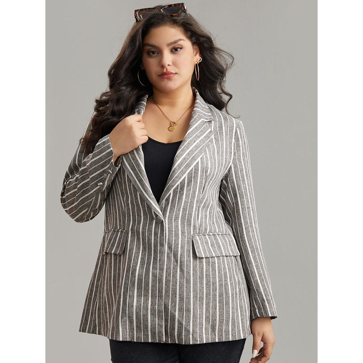 Plus Size Striped Suit Collar Button Up Blazer DimGray Women Dailywear Striped Contrast Sleeve Long Sleeve Suit Collar 10/M Pocket Casual Blazers BloomChic Product Image