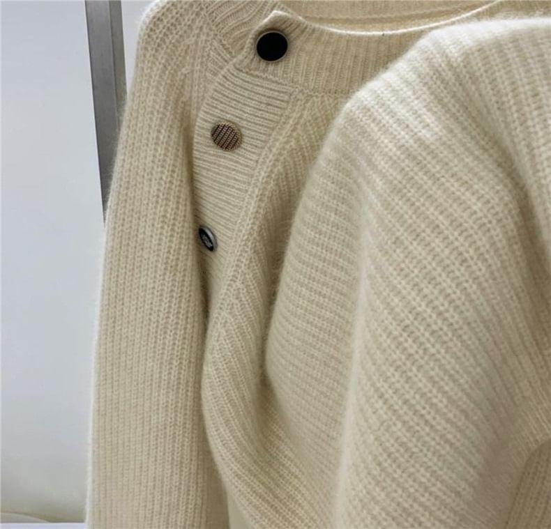 Puff-Sleeve Round Neck Plain Ribbed Sweater Product Image