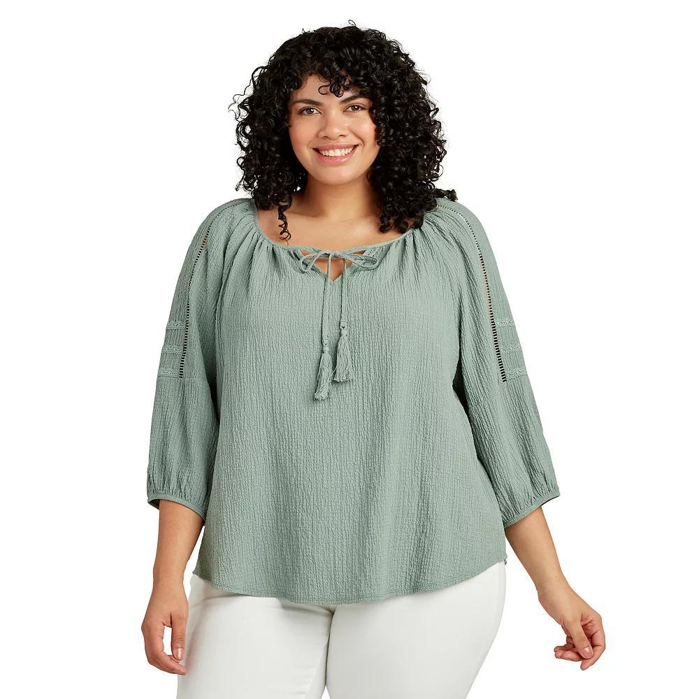 Plus Size AB Studio Lace Trim Peasant Top, Womens Green Product Image