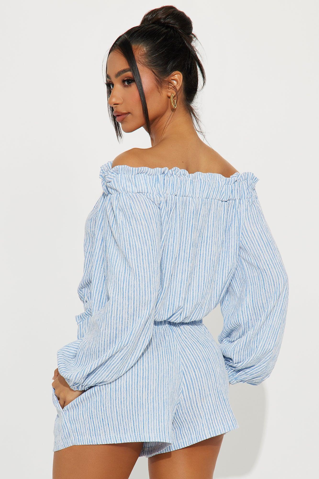 Still Here Striped Short Set - Blue Product Image