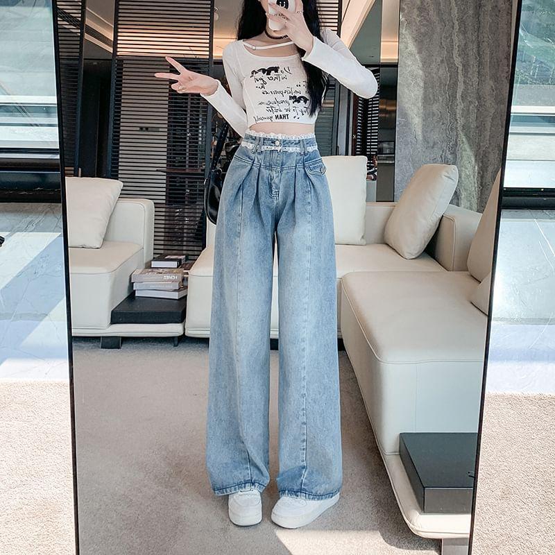 High-Waist Lace Trim Loose Fit Straight Leg Jeans Product Image