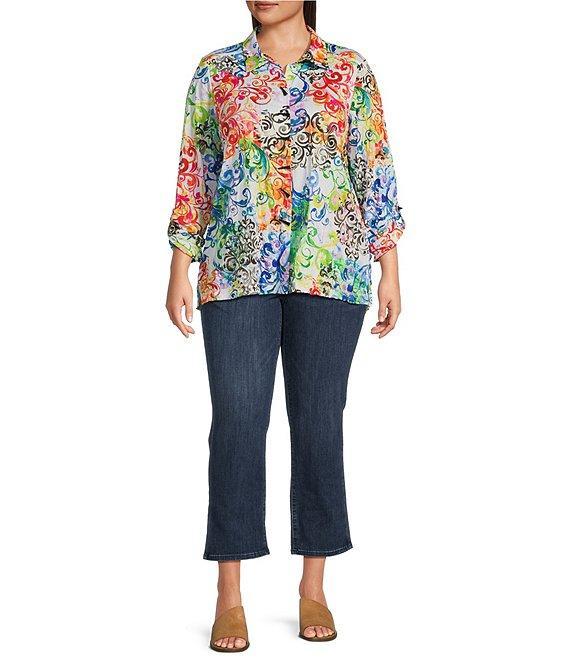 Ali Miles Plus Size Woven Abstract Multi Print Point Collar 3/4 Roll-Tab Sleeve Button-Front Tunic Product Image