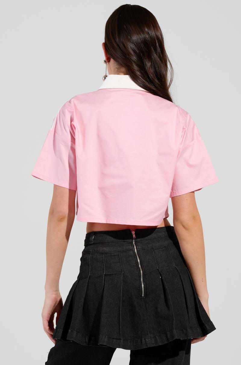 FEMME RACING BUTTON DOWN POPLIN SHIRT IN PINK Product Image