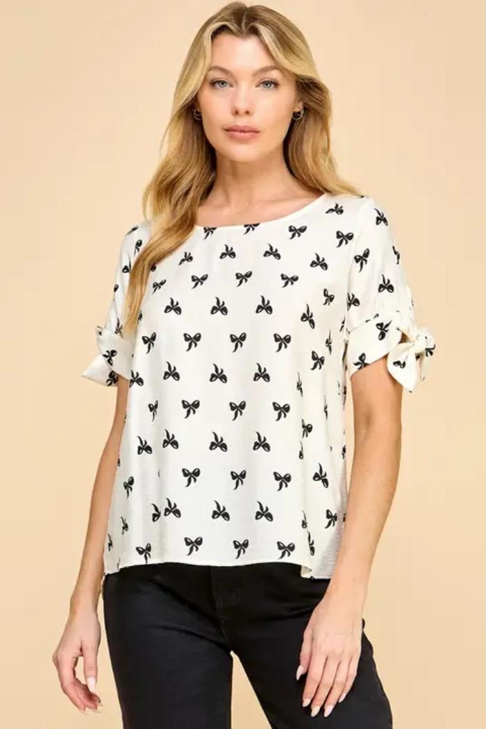 Bow Print Tie Sleeve Top Product Image