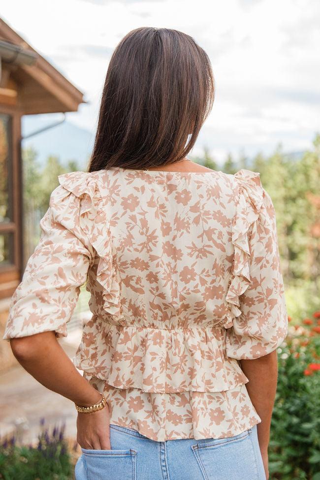 It's A Deal Tan Ruffle Detail Floral Blouse FINAL SALE Product Image