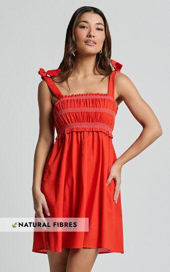 Cloe Mini Dress - Linen Tie Shoulder Shirred Dress in Red Product Image