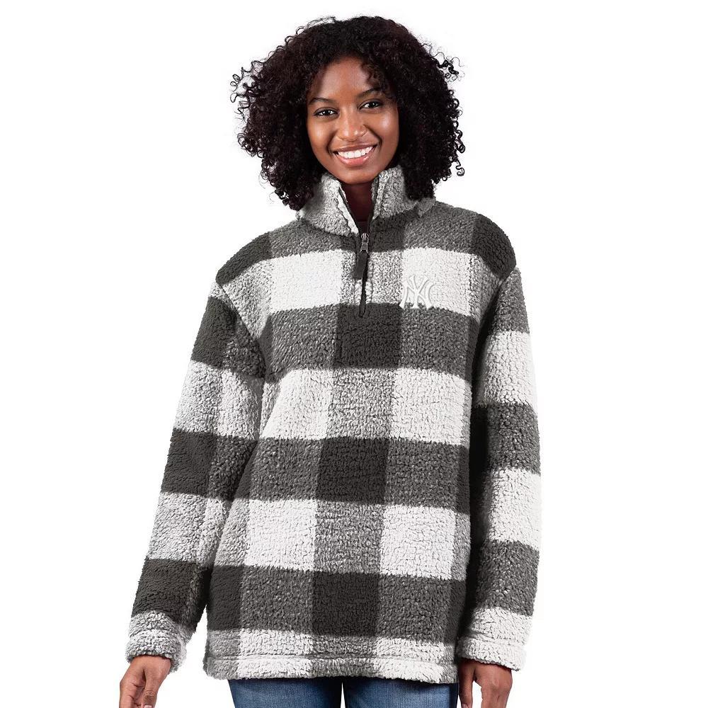 Women's G-III 4Her by Carl Banks  Gray New York Yankees 24/7 Plaid Quarter-Zip Sherpa Jacket, Size: Large, Grey Product Image