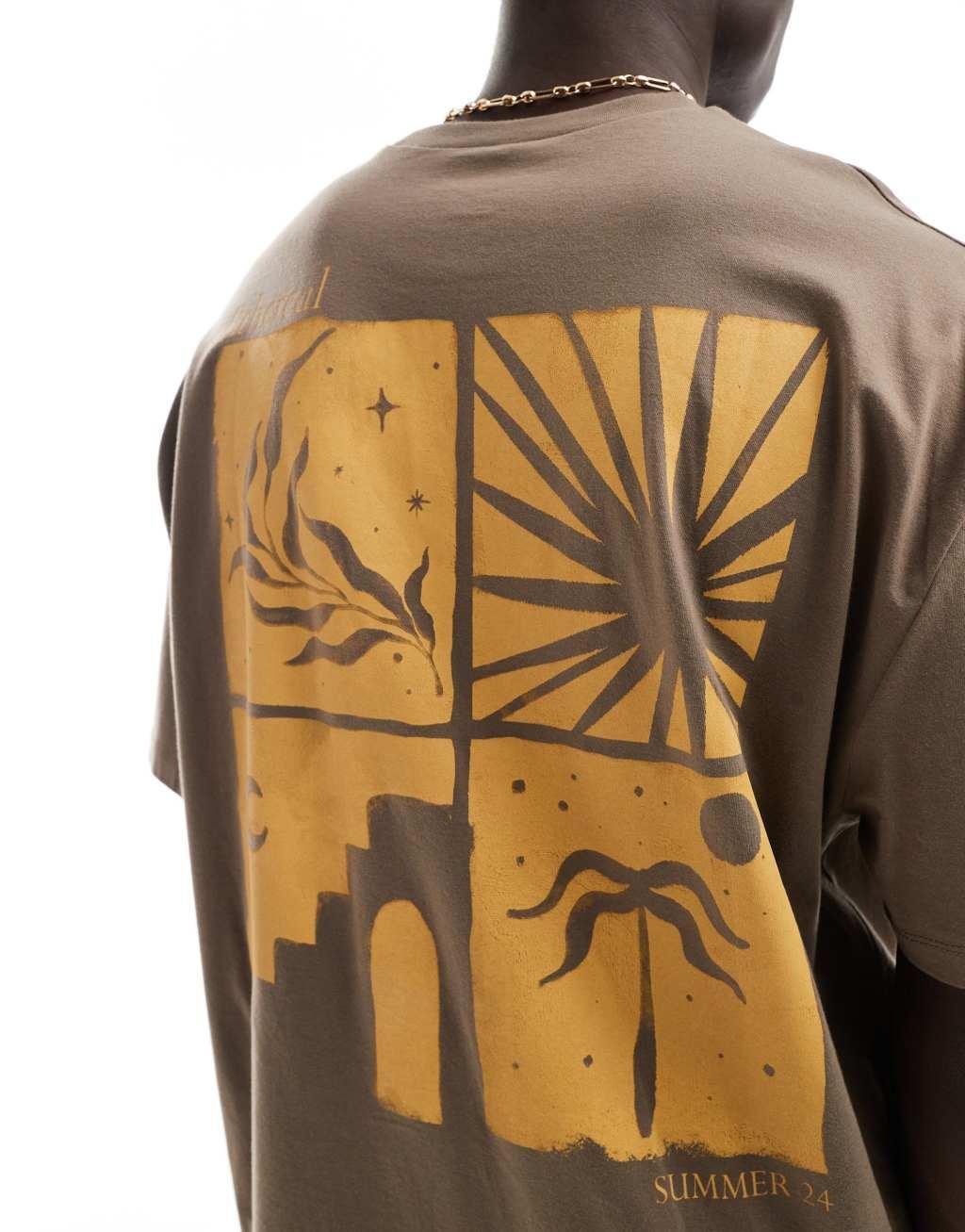 ASOS DESIGN oversized t-shirt in brown with abstract celestial back print Product Image