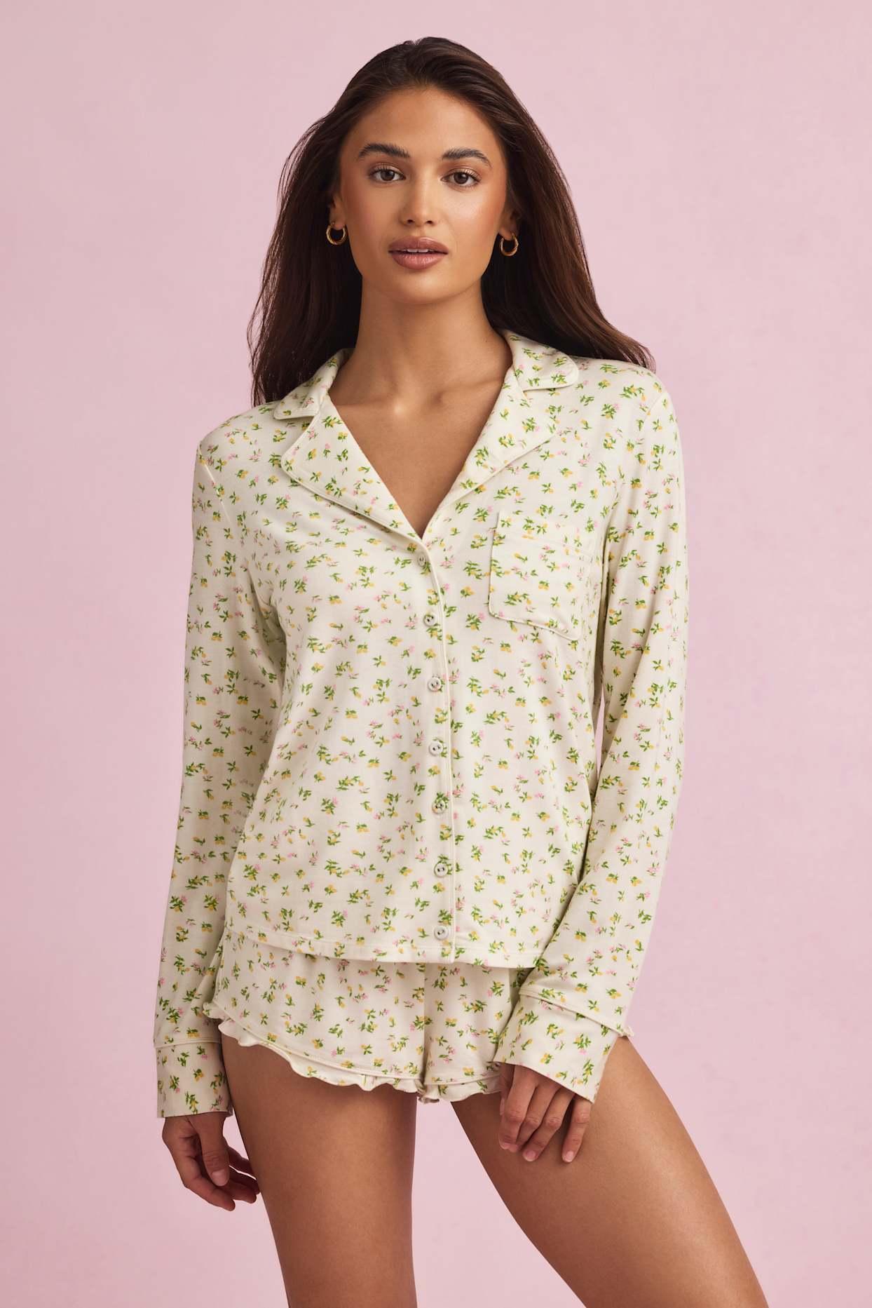 Modal Ruffle-Trim Pyjama Shorts in Lemon Print Product Image