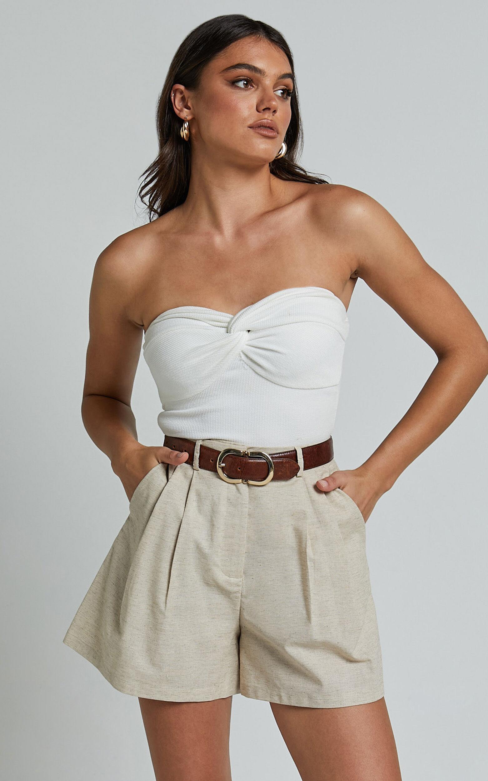 Ali Linen Blend Shorts - High Waisted Cuffed Shorts in Natural Product Image