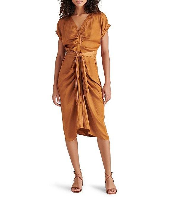 Steve Madden Bruno Satin V-Neck Short Sleeve Wrap Midi Dress Product Image