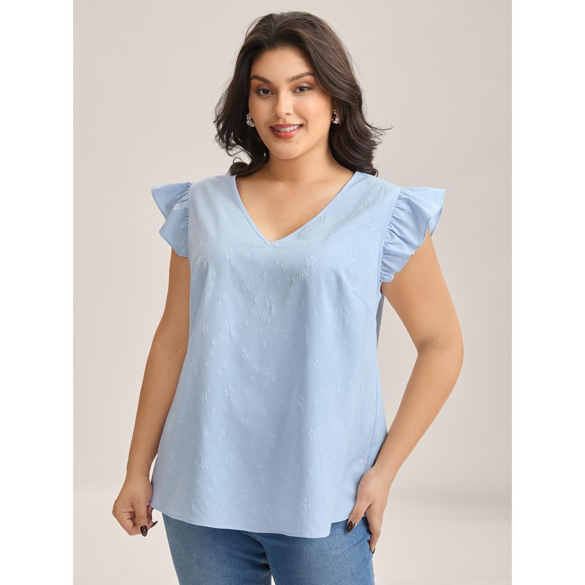 Plus Size Floral Print Textured Flutter Sleeve Tank Top Women LightBlue Texture V-neck Everyday-Elegant Tank Tops Camis BloomChic 14-16/1X Product Image