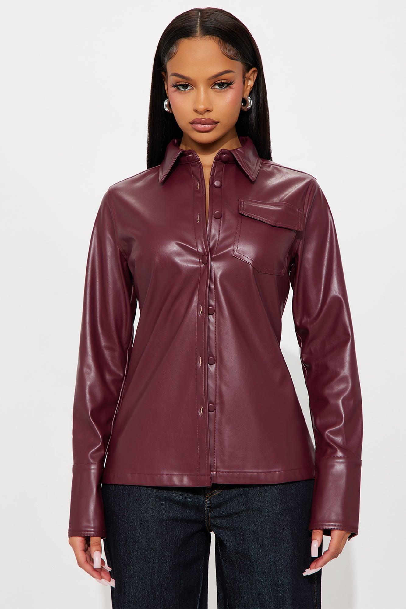 Show Time Faux Leather Shirt - Burgundy Female Product Image