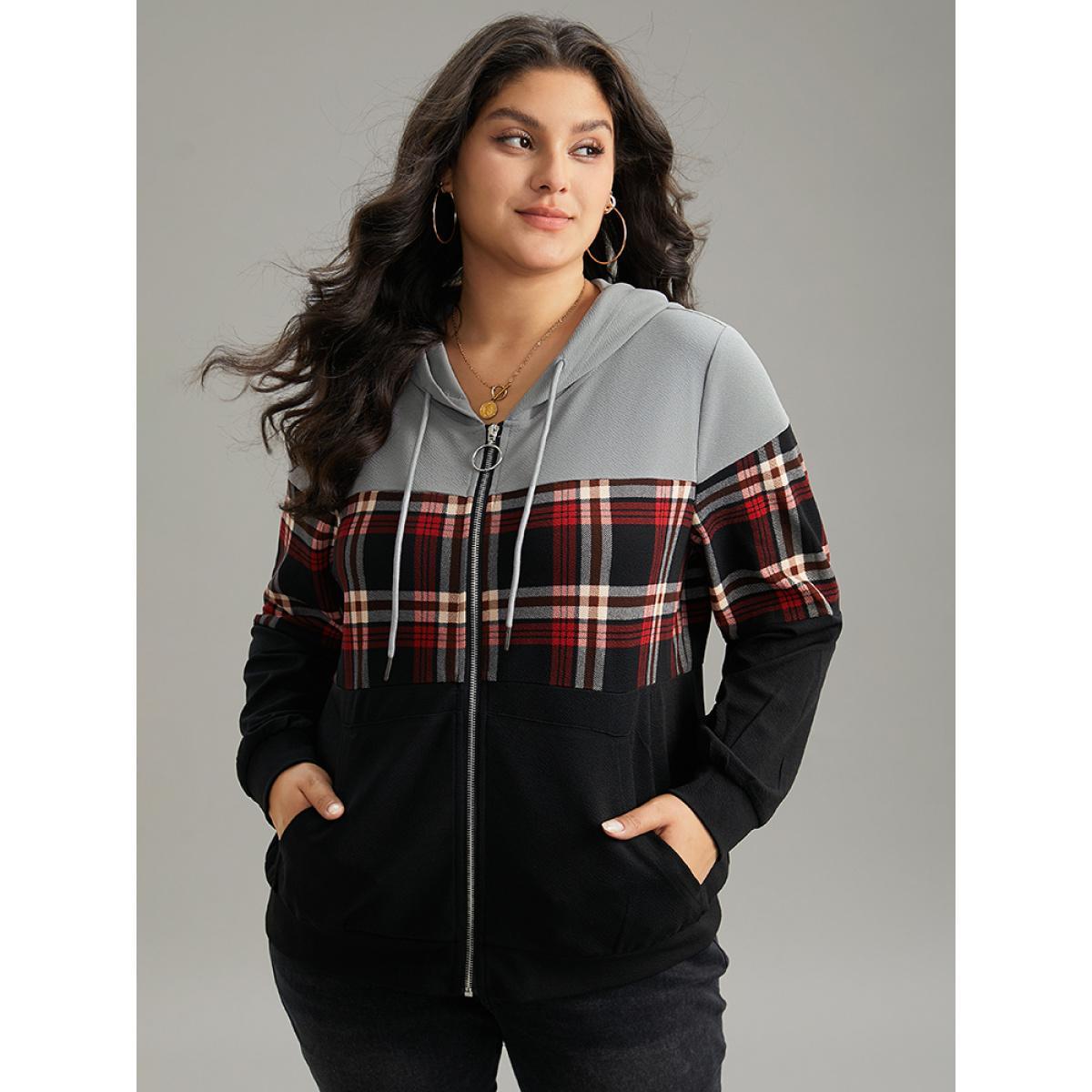 Plus Size Plaid Contrast Hooded O Ring Zipper Jacket Women Black Contrast Pocket Dailywear Jackets BloomChic 26/4X Product Image