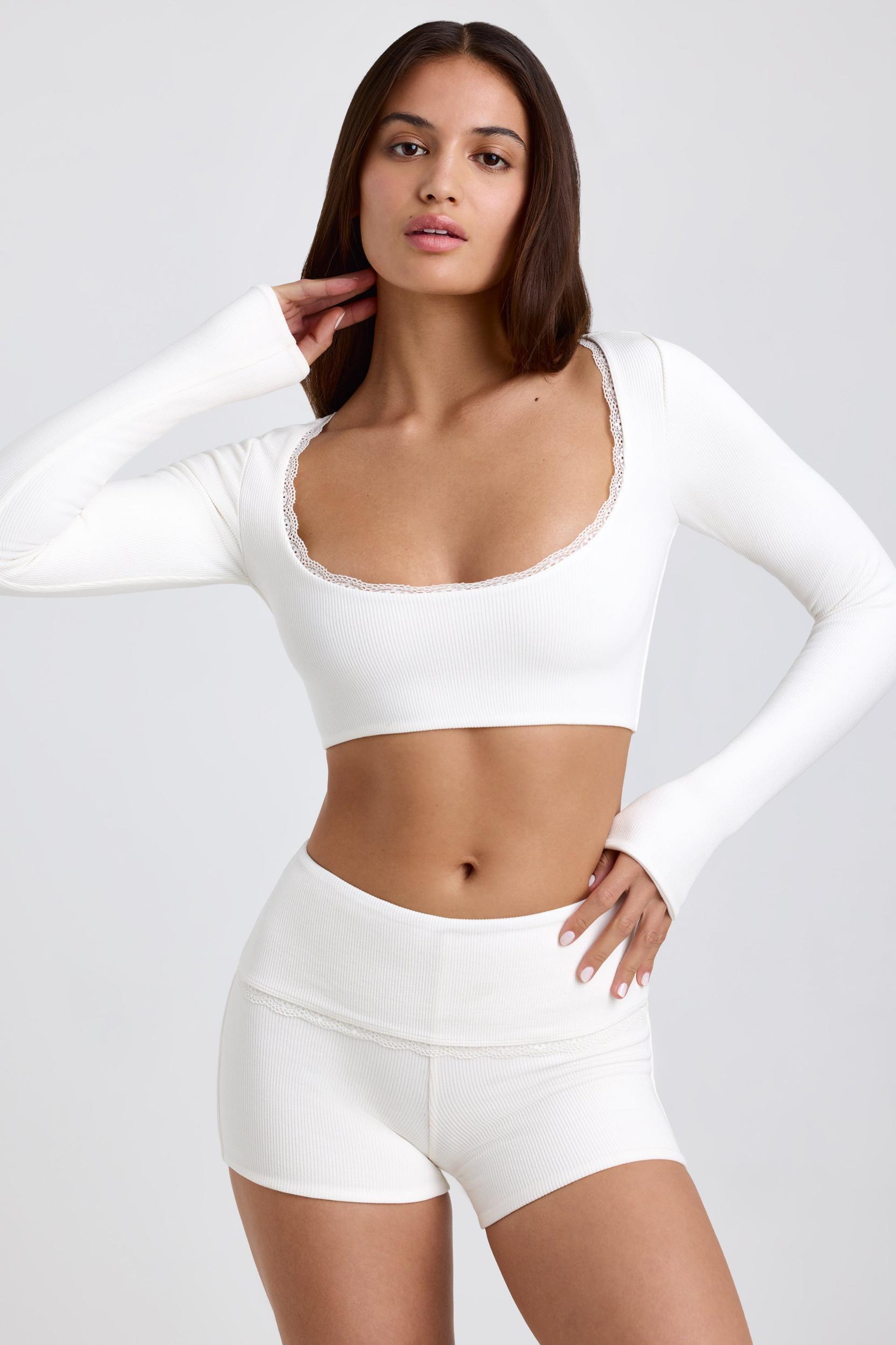 Ribbed Modal Lace-Trim Crop Top in White Product Image