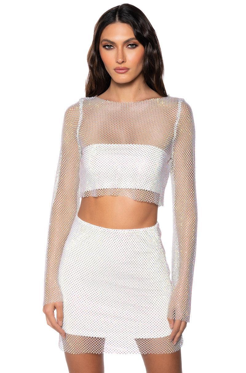 FLASHING LIGHTS RHINSTONE MESH LONG SLEEVE TOP IN WHITE Product Image