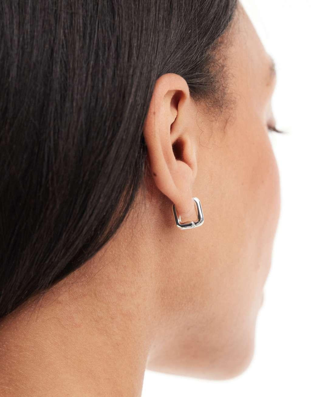 ASOS DESIGN silver plated huggie hoop earrings in square design Product Image