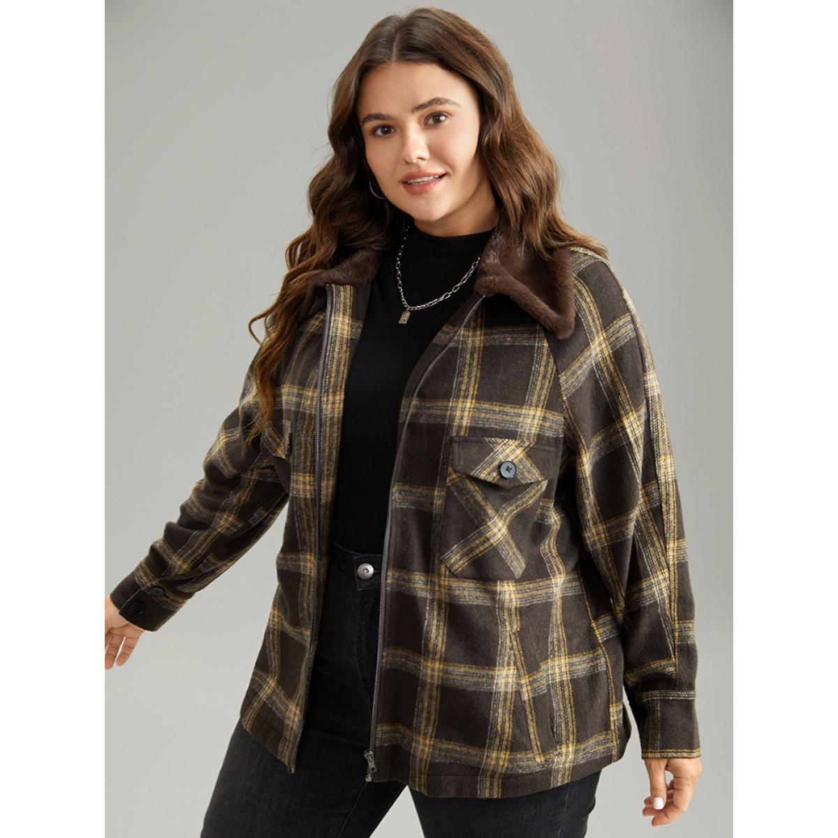 Plus Size Plaid Patchwork Fuzzy Trim Zipper Fly Coat Women DarkBrown Casual Contrast Ladies Everyday Winter Coats BloomChic 28/5X Product Image
